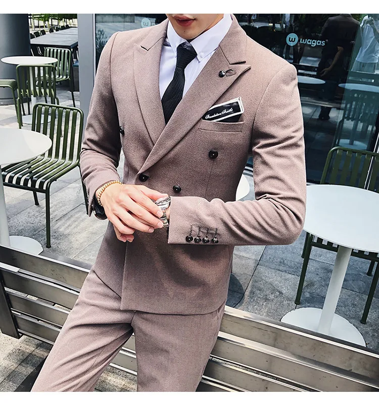 Куртка+ брюки) High-end вышивка одноцветная мужские, повседневные, деловые двубортный костюм 2 предмета в комплекте жениха, свадебное платье, смокинг