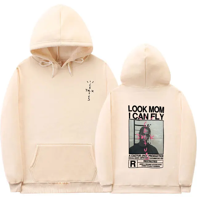Cactus Jack Hoodie Men Women Double-sided Logo Print LOOK MOM I CAN FLY Travis Scott Hoodies Unisex Fashion Hip Hop Streetwear Khaki