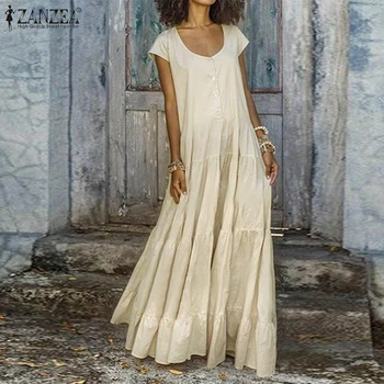 

ZANZEA Summer Ruffles Dress Elegant Women Short Sleeve Solid Cotton Linen Sundress Femme Robe Party Long Vestido Loose Dresses