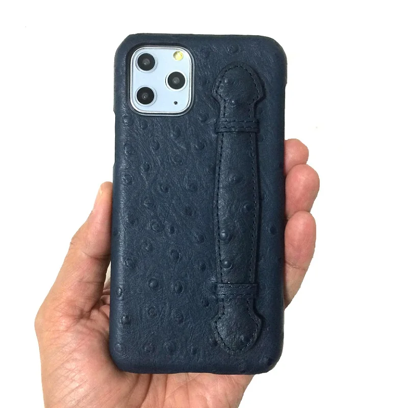 

Real Genuine Leather Thin Case For iPhone 11 Pro Max Cell Phone Luxury Cute Ostrich Slim Hand Strap Holder Hard 3D Cover Blue