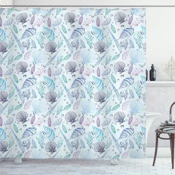 

Nautical Shower Curtain Various Sea Shell Pattern Underwater Bubbles Ocean Maritime Print Bathroom Decor Set with Hooks 70" Long