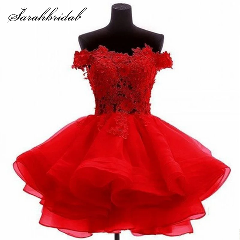 

Sweety Homecoming Dresses Short 2021 Tulle Lace Appliques Red Graduation Gown Off Shoulder Button Zipper Vestidos Cortos HG0130