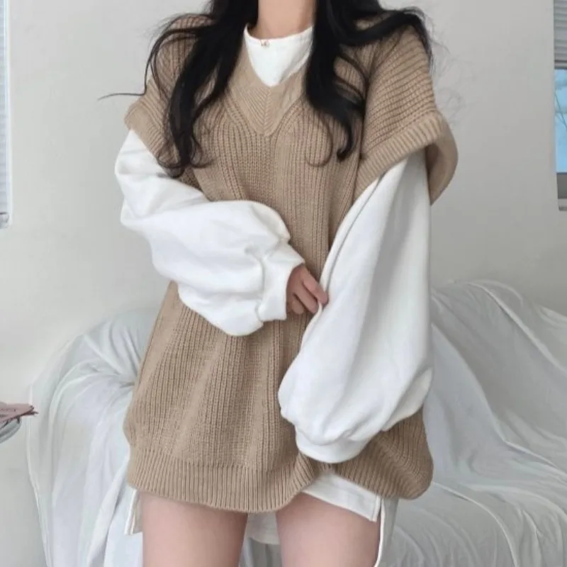 Casual O Puff Long Sleeve White Hoodies Women Wild Loose V Sleeveless Knitted Tops Khaki Sweater Vest Autumn Black Grey Retro |