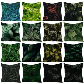 

Tropical Plants Palm Leaf Green Leaves Monstera Cushion Covers Hibiscus Flower Cushion Cover Decorative Beige Linen Pillow Case