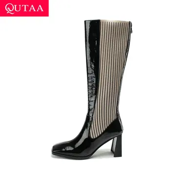 

QUTAA 2021 Square High Heel Mid Calf Boots Patent Leather Knitting Fashion Ladies Pumps Square Toe Zipper Women Shoes Size 34-40
