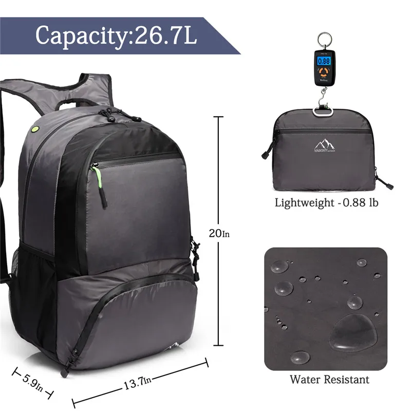VASCHY Hiking Backpack Men Lightweight Water Resistant Collapsible Foldable Packable Travel Backpack with Chest Strap for Men