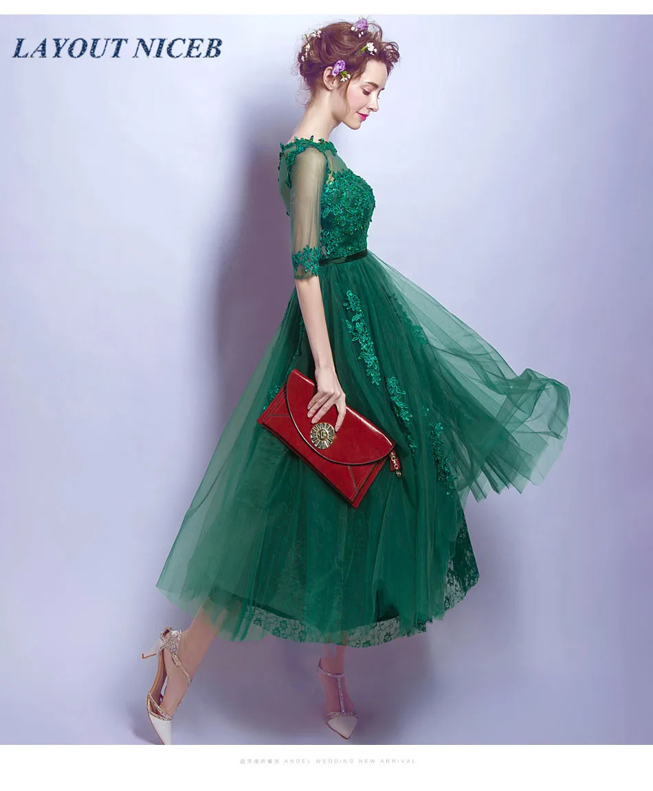 Green Tea Length Evening Dress Half Sleeve Appliques Beads Tulle robe de soiree Women Formal Party Dress abiye gece elbisesi