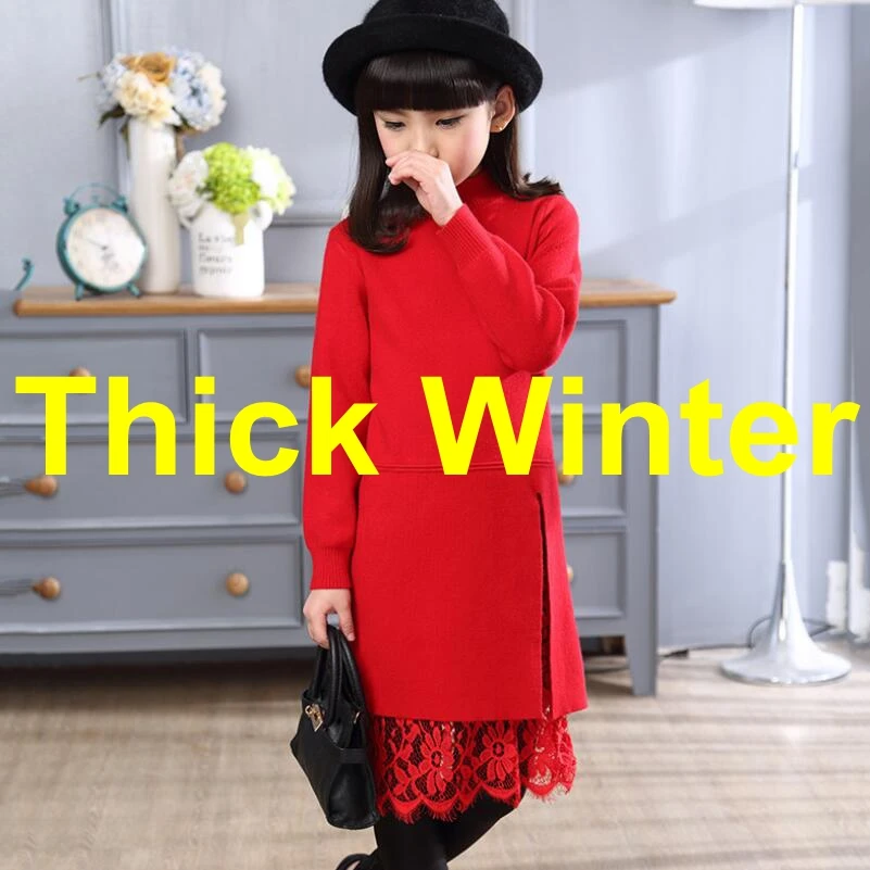 red thick winter Свитер для девочек-подростков на весну, осень и зиму, детский пуловер с длинными рукавами, свитера, топы для девочек, повседневное кружевное платье - Цвет: red thick winter