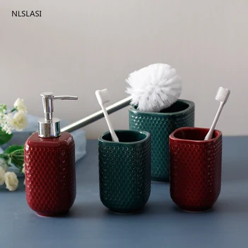 

Creativity Solid color Bathroom Accessories Ceramic Soap Dispenser Couple Tumblers Gargle Cup Toilet brush Household Wash set