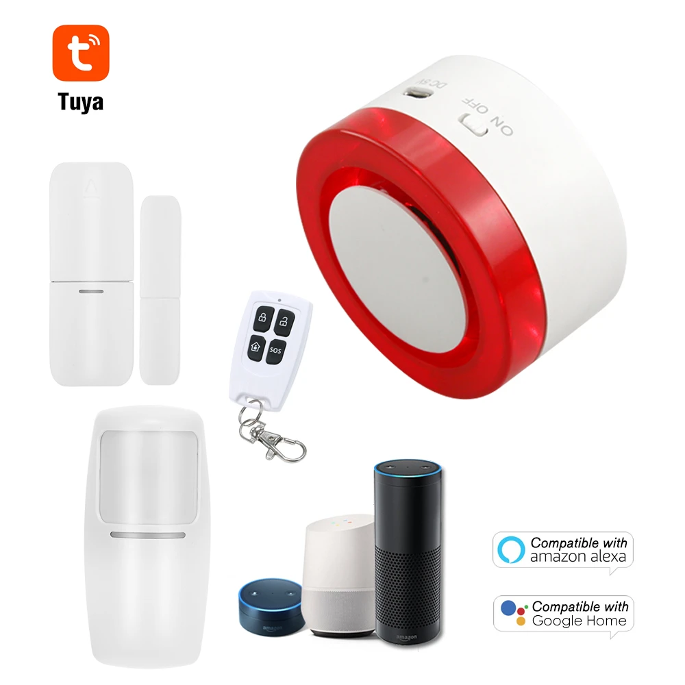 No Monthly Fee WiFi Security System WiFi Alarm System Kit Compatible with Alexa,APP Control and Message Alert Function,1 PIR Motion Sensor,1 Remote Control,4 Door Open Alarm and 1 Wi-Fi Gateway