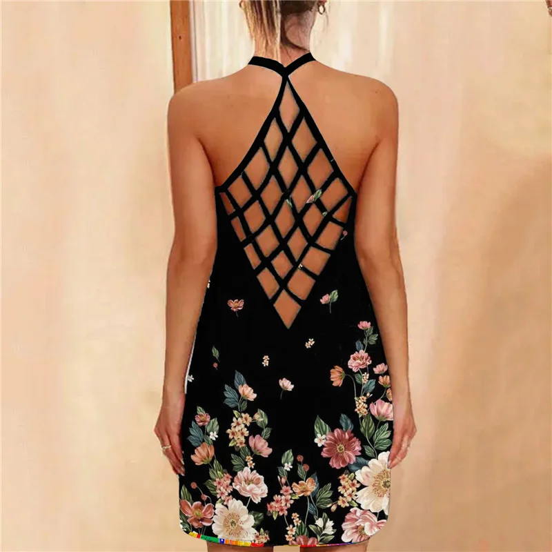 Summer Beach Dresses Sexy Hollow Backless Mini Dress For Women Party Gown Round Neck Print Ladies Short Dresses Mujer Vestido