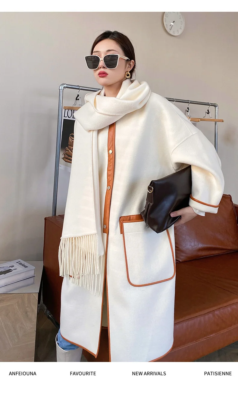 hooded puffer jacket "Anfiouna" 21 autumn and winter new sheepskin wrapped scarf design double-sided cashmere long tweed coat women hooded puffer jacket