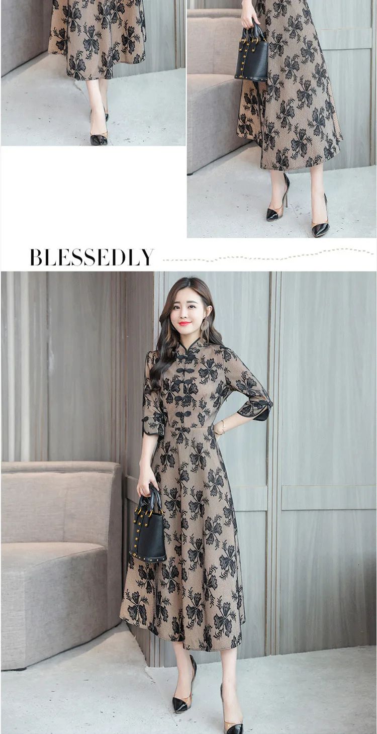Lace Dress Spring Autumn Women Vintage Stand Collar Three Quarter Sleeve A-line Sexy Party Dresses Vestidos De Fiesta