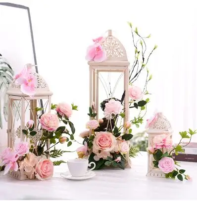 Three pieces of pink Цветочная ветровая лампа для домашнего свадебного украшения Дорога свинцовый реквизит гостиная окно Ретро украшение из кованого железа искусственный Шелковый цветок - Цвет: Three pieces of pink