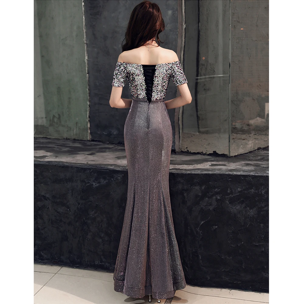 Вечернее платье с открытыми плечами Robe De Soiree, женские вечерние платья с коротким рукавом и вырезом лодочкой, вечерние платья с блестками F114