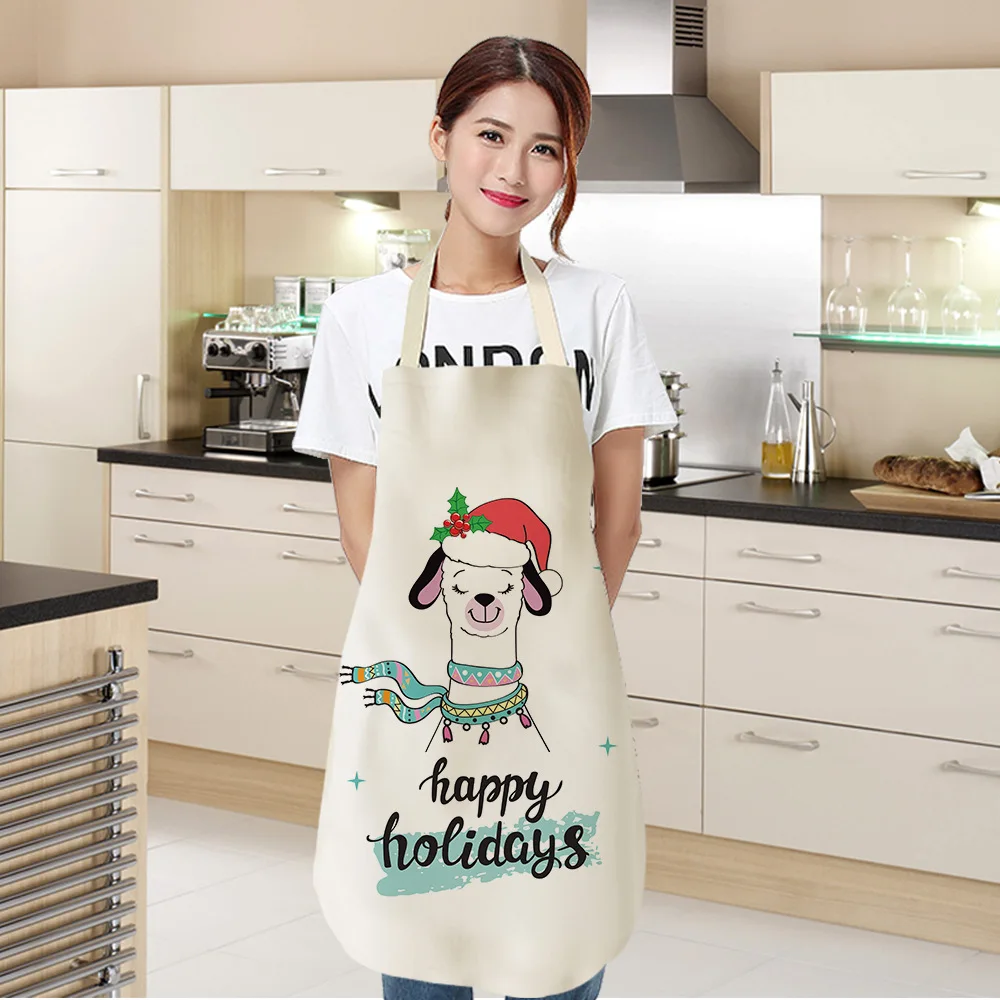 1Pcs Cute Alpaca Kitchen Cooking Aprons For Women Chefs Baking Bibs Waterproof Cotton Linen Household Cleaning Apron Delantales