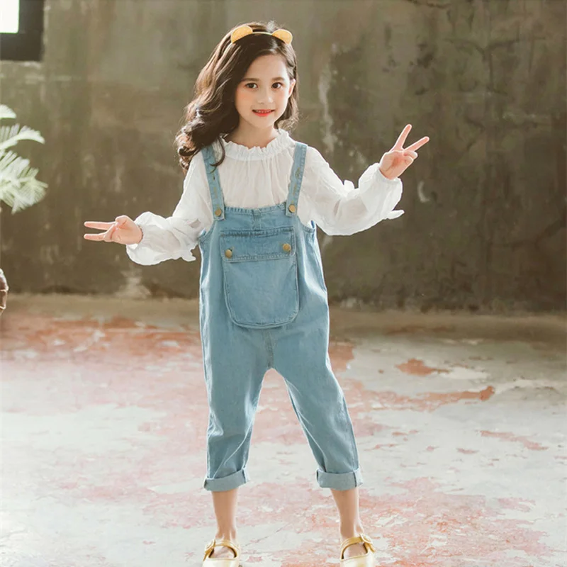 

2019 Fashion Girl's Clothing Set for Autumn Children Set Baby Girl Denim Suit Cotton Long Sleeve Shirt+denim Bib Pants/jeans