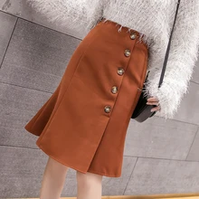 Осень-зима южнокорейские пуговицы юбка-годе WomensHigh талии средней длины Женская юбка Harajuku плюс размер юбка