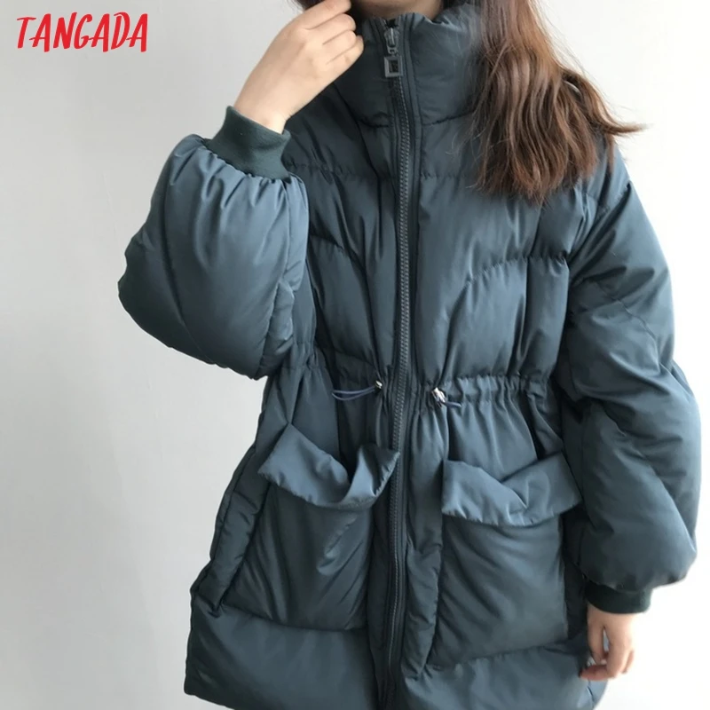 Tangada женские свободные длинные парки на молнии с толстым карманом Женские однотонные зимние куртки с хлопковой подкладкой теплое пальто повседневные ATC04