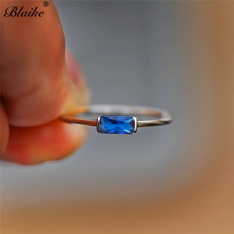 Настоящее кольцо из серебра s925 пробы, голубой, красный, черный циркон, маленький прямоугольник, каменные кольца для женщин, свадебное тонкое кольцо, кольца для укладки