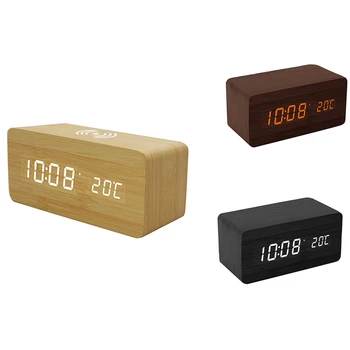 

Wireless Charging Wooden Clock Digital Clock Sound Control Electronic Alarm Clock Temperature Display