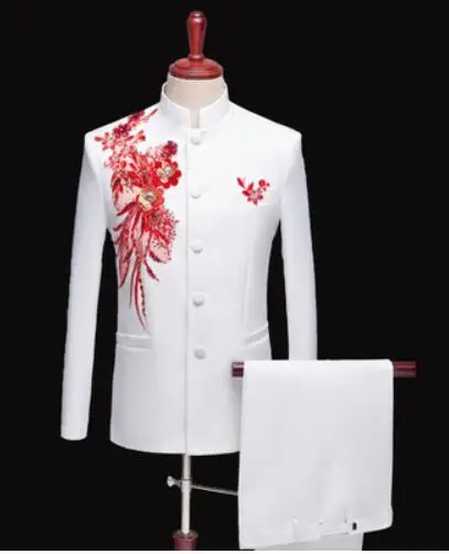 D Applique Embroidered Blazers Stand Collar Men's Suit Chinese Tunic Suit Male Singer Performance Stage Wear(Jacket+Pants) S-3XL - Цвет: D