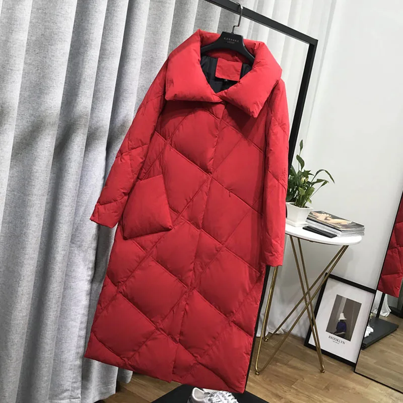 

2019 Winter Long Down Parka Women Ultra Light White Duck Down Jacket Slim Red Overcoat Female Covered Button Down Coat Outwear