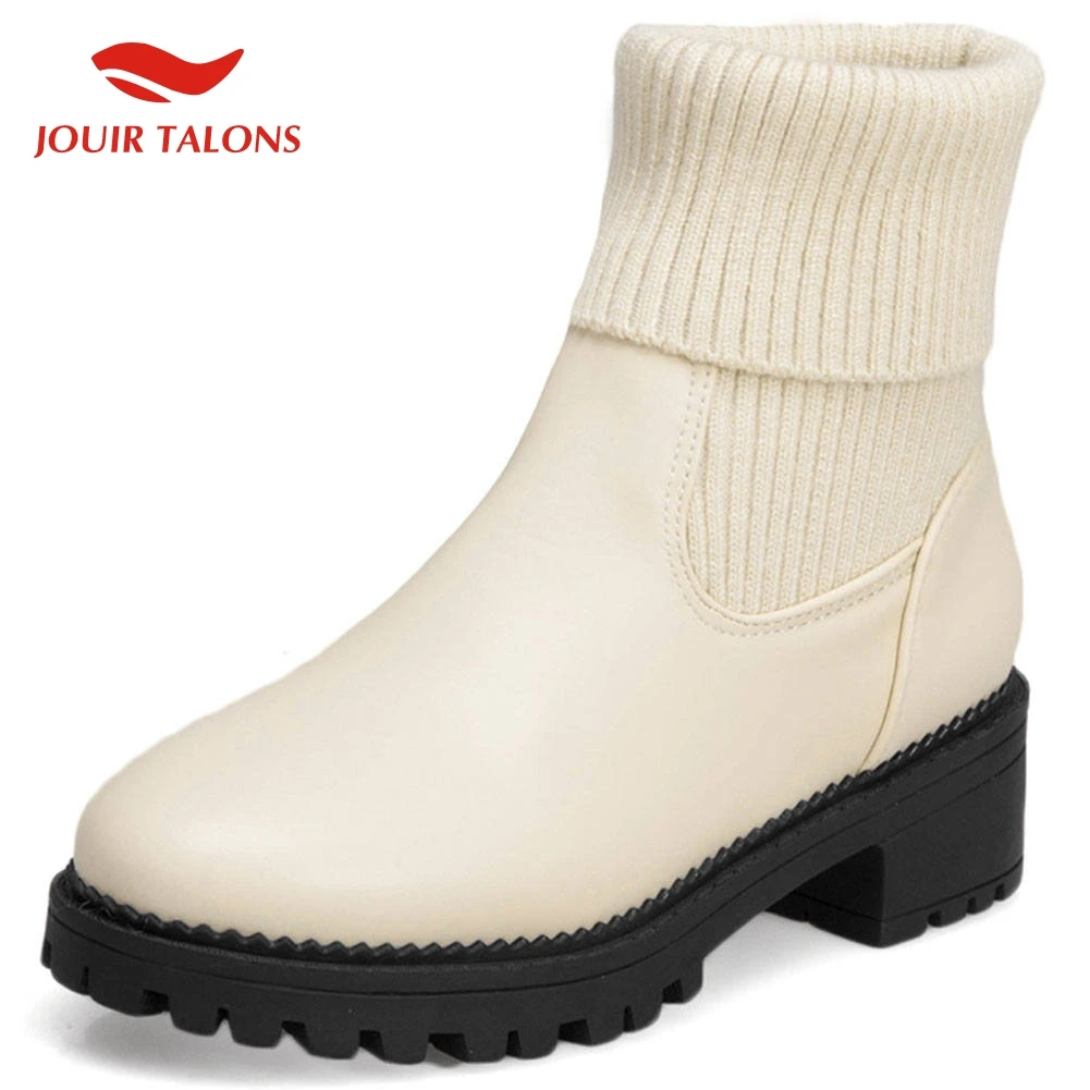

JOUIR New Fashion Large Size 43 Add Fur Autumn Winter Boots Woman Shoes Chunky Heels Slip On Concise Shoes Women Boots