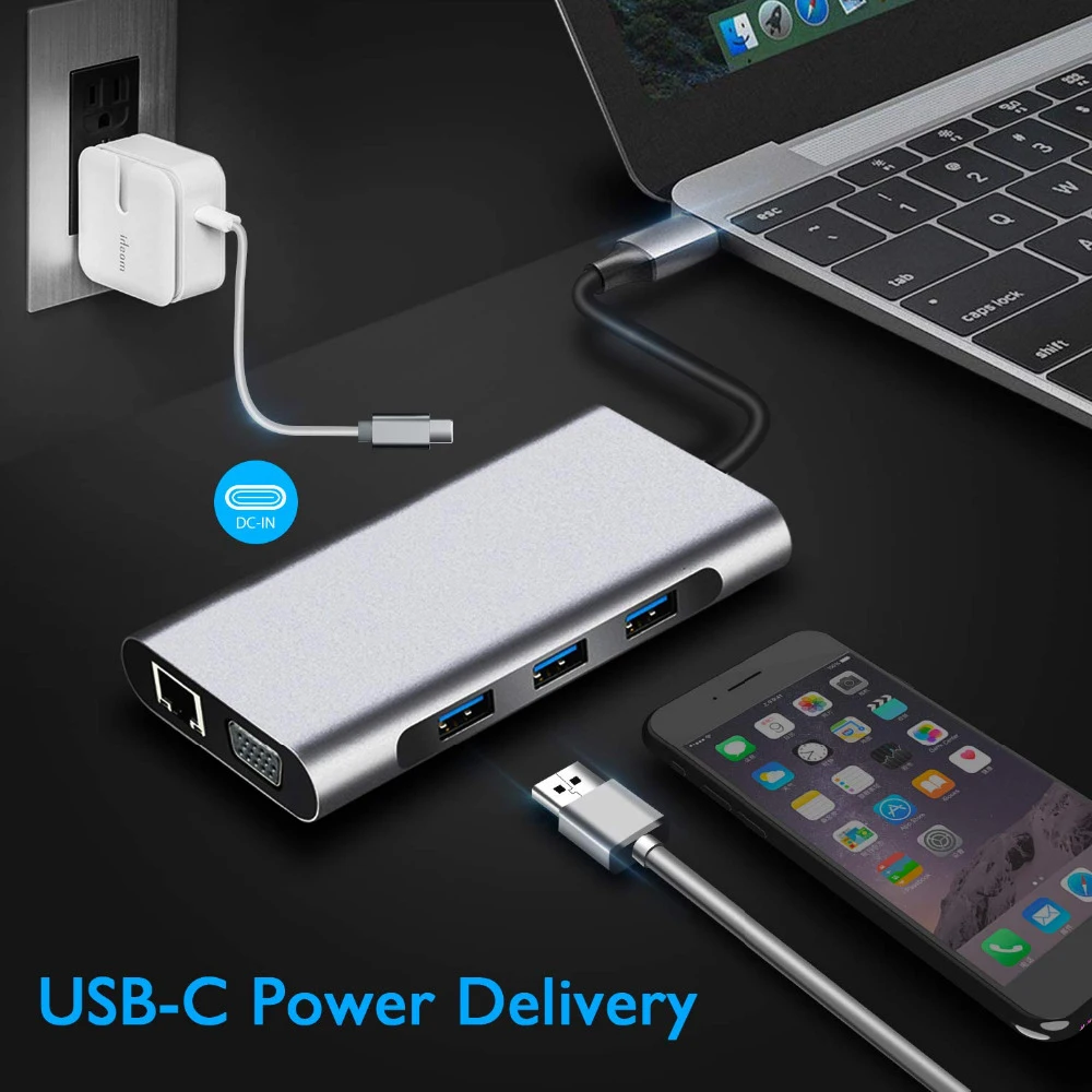 10 в 1 концентратор USB type C к USB 3,0 VGA HDMI RJ45 usb-хаб для MacBook Pro Аксессуары USB разветвитель многопортовый type C концентратор USB-C док-станция