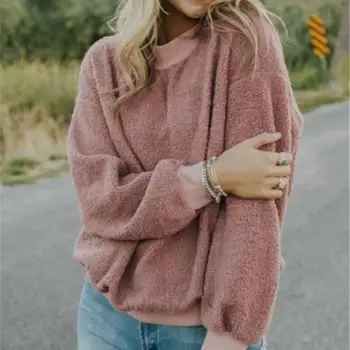 

2019 Winter Fashion Women Shirts Pink Long Sleeve Casual Loose Woolen Tops Solid O Neck Tees Plus Size T Shirt