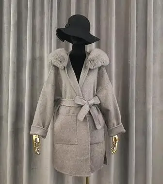 Высококачественная теплая Роскошная верхняя одежда, элегантное женское пальто, Воротник из натурального Лисьего меха, уличная одежда, Кашемировое шерстяное пальто с поясом - Цвет: Серый
