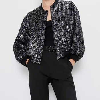 

Zip Up Box Peplum Jacket Black Round Neck Hem Tiered Layer Elegant Outerwear Women Slim Jacket Trending Products Sequins Black