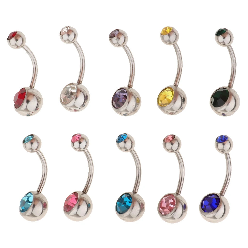 10Pcs - VALUE PACK - Navel Ring Barbell Crystal Rhinestone Belly Button Ring Bar Piercing 18g Gauge