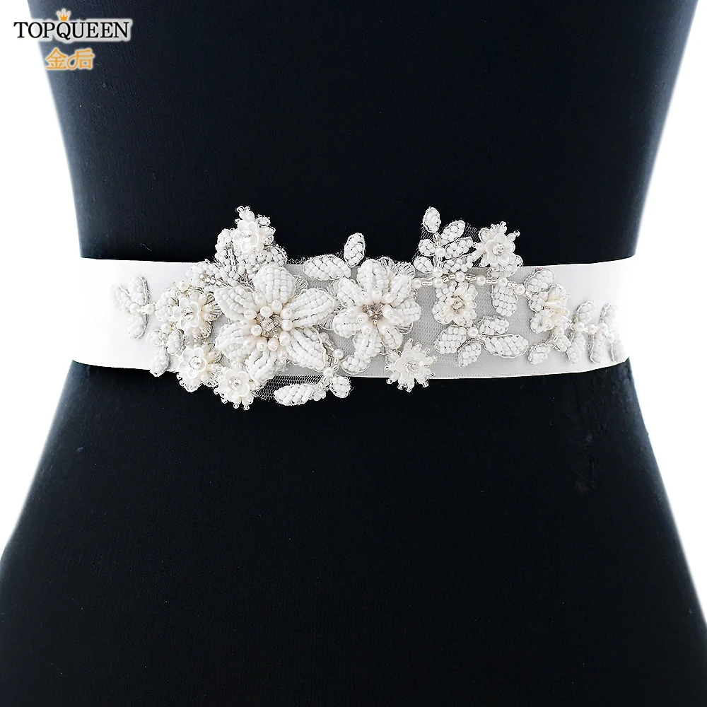 TOPQUEEN S484 Bridal Belt Fashion Wedding Accessories White Pearl Beaded Flower Sash Women'S Party Dresses Accessories Appliques