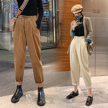 

New 2019 Autumn Winter Women Pant Corduroy Loose High Waist Korean Minimalist Style Casual Ankle-Length Pants