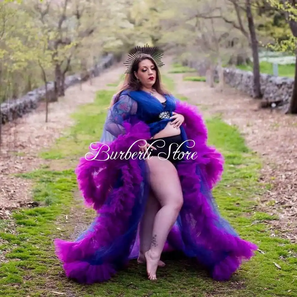 

Unique Mix Color Tulle Ruffles Maternity Dress Long Robes Sexy See Thru Open Front Pregnancy Gowns To Photography Plus Size