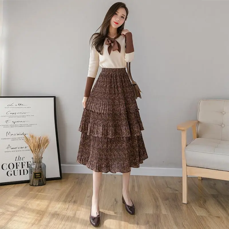 Повседневная Женская юбка Faldas Mujer Moda, Женская юбка с высокой талией, свободная, размера плюс, длинная юбка, Женская винтажная шифоновая юбка - Цвет: Coffee