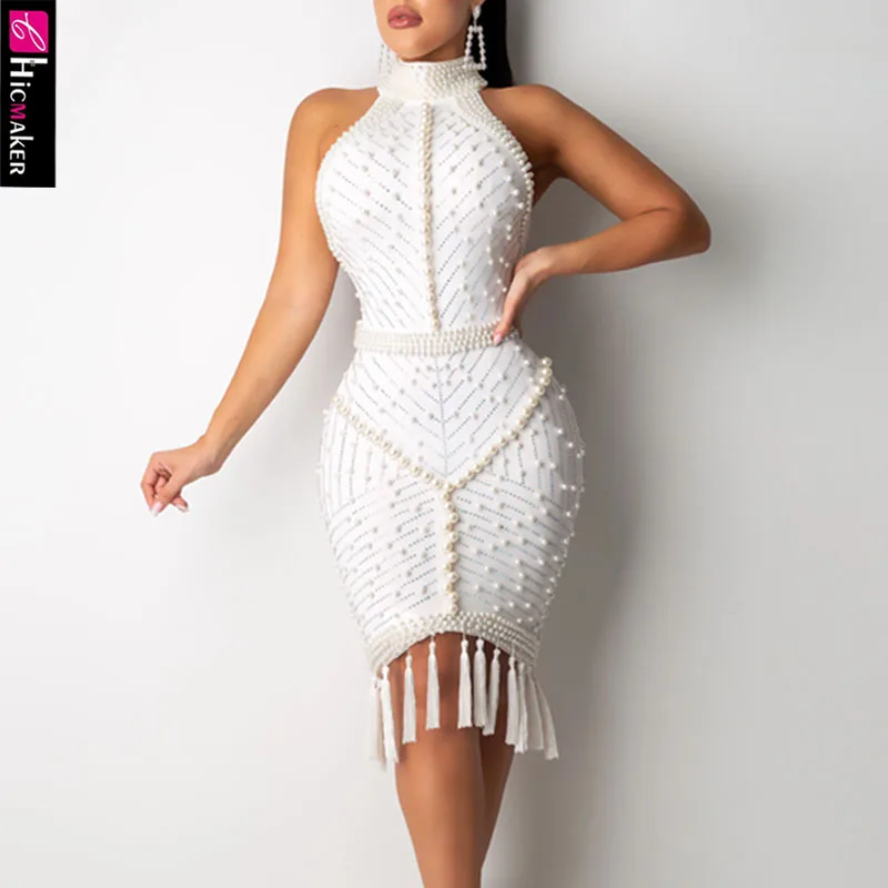 Женское платье миди с жемчужинами облегающее вечернее без рукавов кисточками и