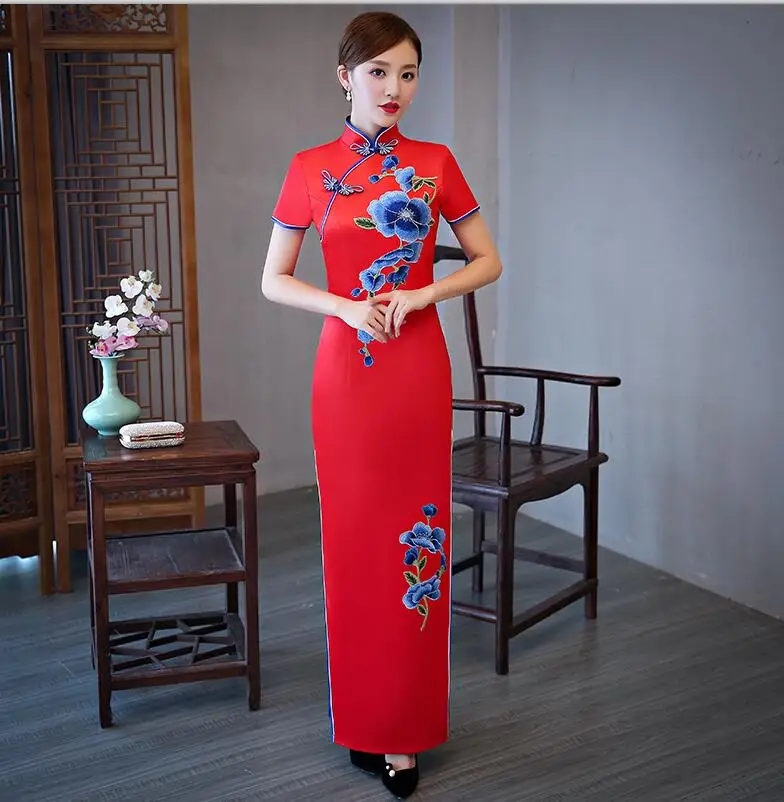 Зеленый китайский традиционный для женщин, из искусственного шелка Qipao Винтаж Cheongsam Новинка китайский формальный платье Плюс Размер M L XL XXL 3XL 4XL 5XL - Цвет: Красный