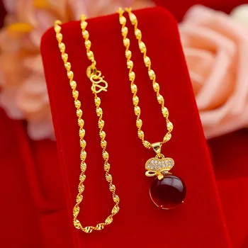 

14K Gold Necklace for Women Wedding Engagement Jewelry Lucky Bag Rubby Stone Pendant Necklace Yellow Gold Jewelry Birthday Gifts