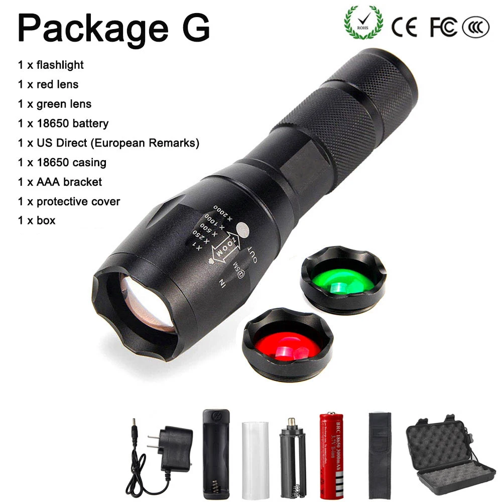 

High Power T6 LED Tactical Flashlight Nightligh A100 Focusable 3 Colors Exchange Glass Lens Red Green Light Use 18650 battery Se