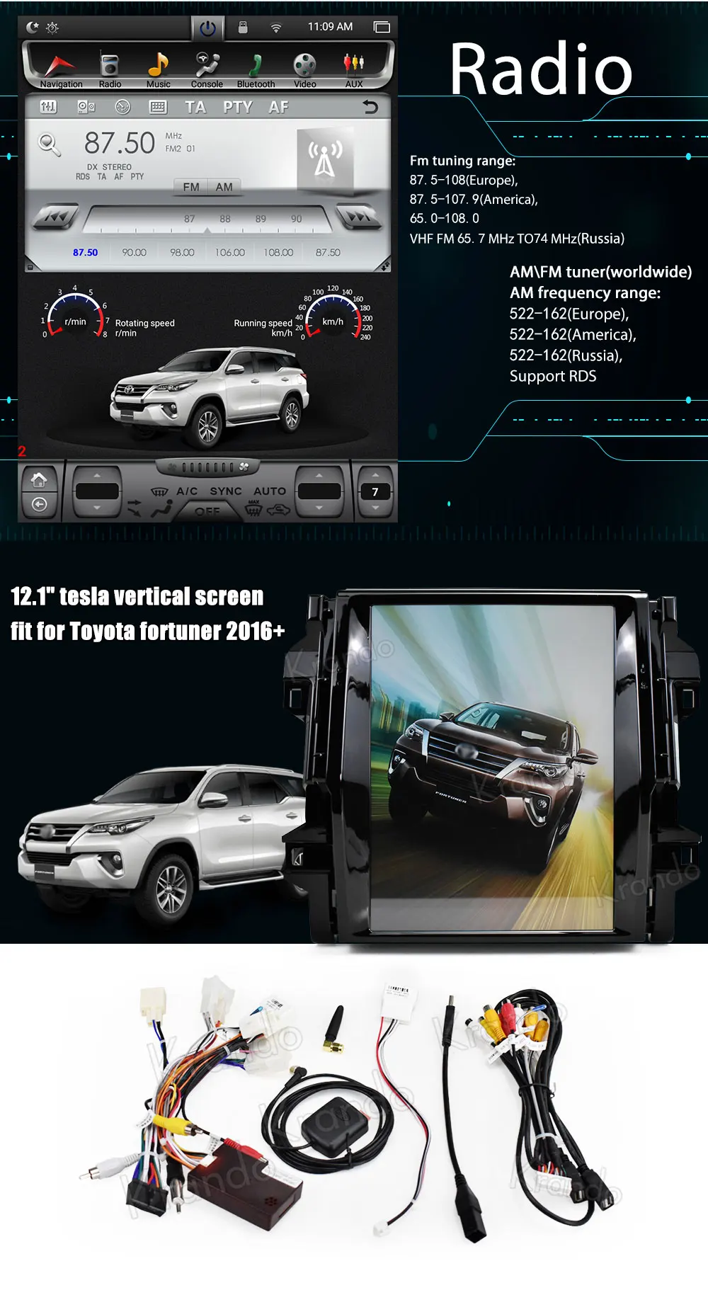 Perfect Krando Android 7.1 12.1" Tesla Vertical touch screen car dvd radio player for Toyota Fortuner 2016+ navigation system bluetooth 9