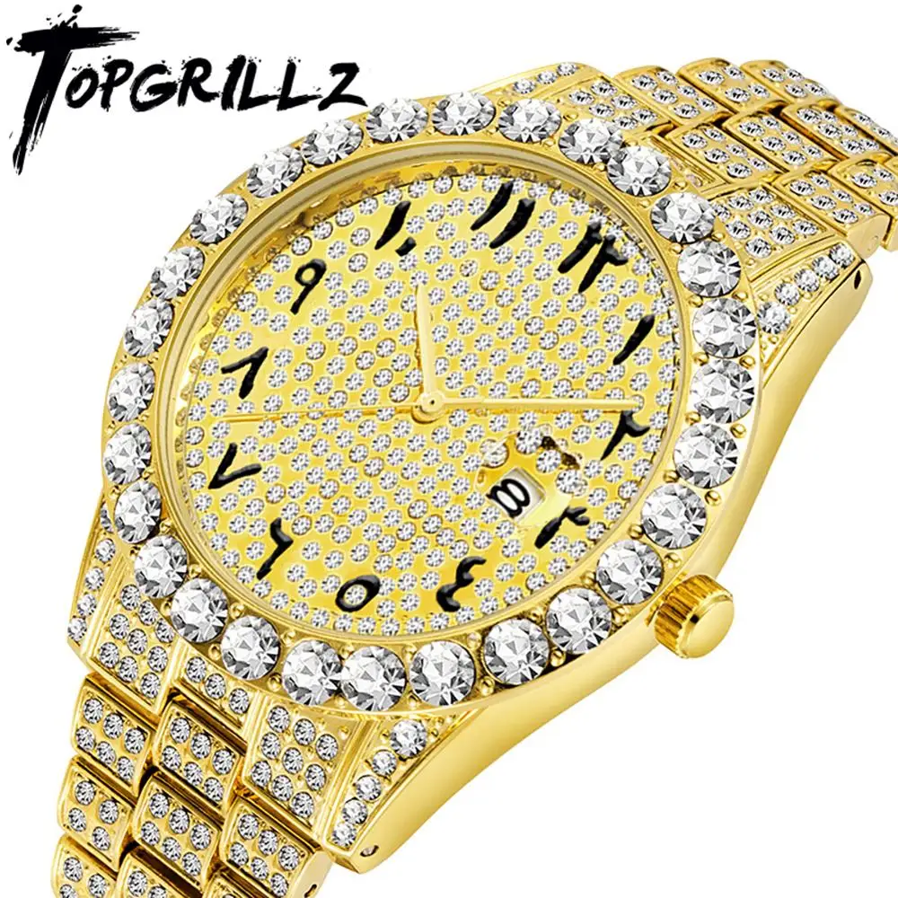 TOPGRILLZ New Arabic Numerals Mens Watches Hip Hop Fashion Luxury Male Iced Out Watch 18K Gold For Men Classic Jewelry For Gift afbeelding