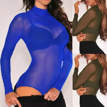 

Women Sexy Long Sleeve Sheer Mesh Long Sleeve Stretch Bodysuit Tops Leotard Jumpsuit Bodycon Romper Nightclub New Top T-shirt