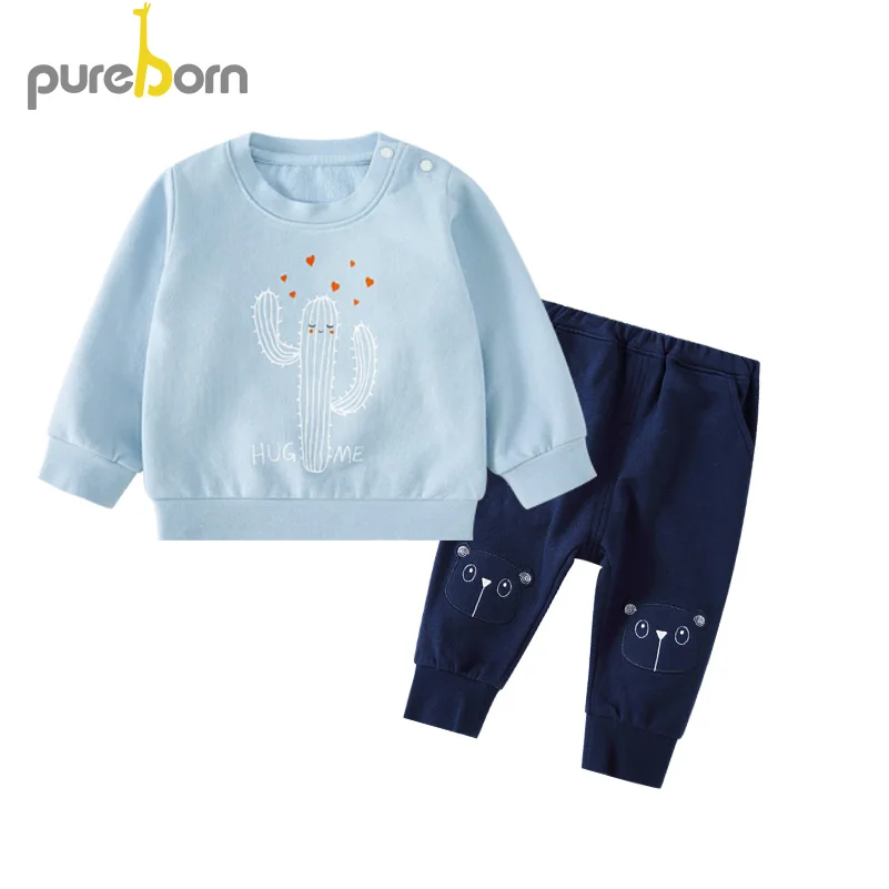 Pureborn/2 предмета; Одежда для маленьких девочек; пуловер с принтом кактуса; топы; рубашки с рисунком животных; штаны; комплект одежды для маленьких мальчиков