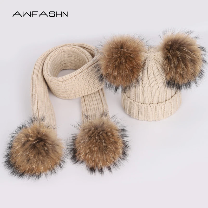 

New Cute Children's Raccoon Fur pom poms Knit Beanie Hat Scarf Boy Girl Winter Thicken Hedging Cap Scarves Soft Ski Baby Kids