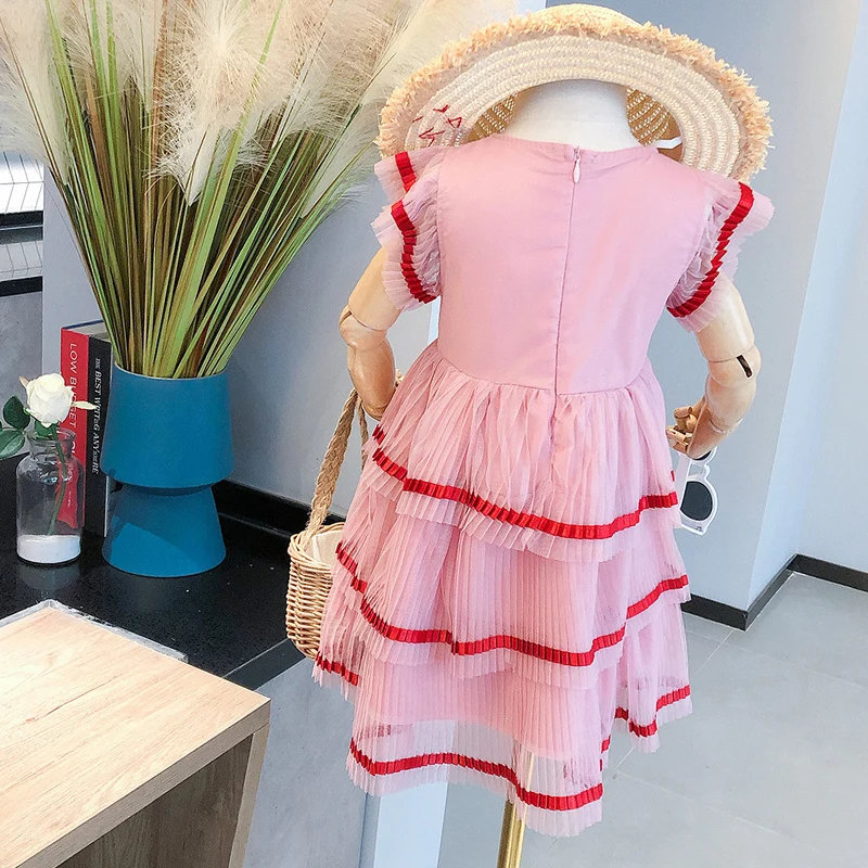 Летнее платье для девочек; платье-пачка для малышей; vestidos; модная детская одежда; плиссированная вышивка; Радужная Многослойная сетка; для детей от 2 до 7 лет