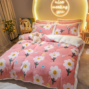 

Pink Flowers Bedding Sets 4pcs Soft Warm Lamb Cashmere Quilt Cover Set Pillowcase Winter Flat Sheet Solid Fleece Cover Sets