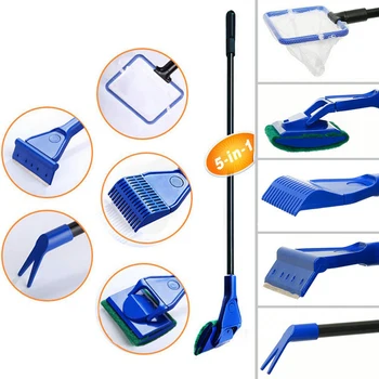 

5 In 1 Plastic Fish Net Tools Water Grass Algae Scraper Tank Plant Brush Gravel Rake Aquarium Cleaning Kit Pet Accessories