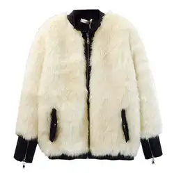 2019 осень-зима Для женщин искусственная Меховая куртка кожа сплайсированные; на молнии; с отделкой из меха; пальто; женская верхняя одежда